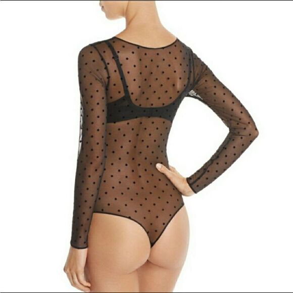 SPANX | Black Sheer Dot Print Long Sleeve Cheeky Bodysuit Women’s Size Small - Picture 3 of 9